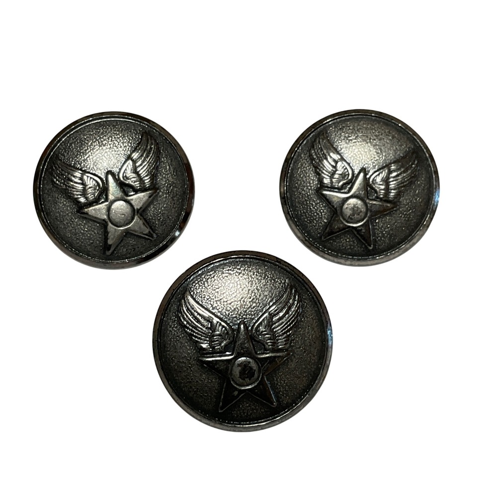 Waterbury Button Co Winged Star Military Buttons 3pc Silver Tone 0.75" Vintage